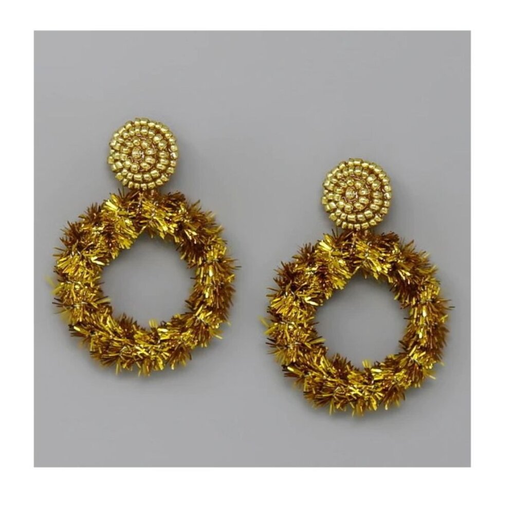 Core Seed Bead Tinsel Holiday Hoop Earrings Gold NWT